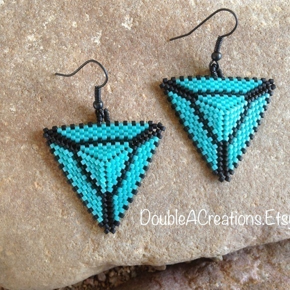 TURQUOISE and Black Triangle Beaded Earrings - Picture 2 of 6